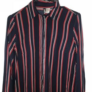 Red, white, navy blue button down shirt